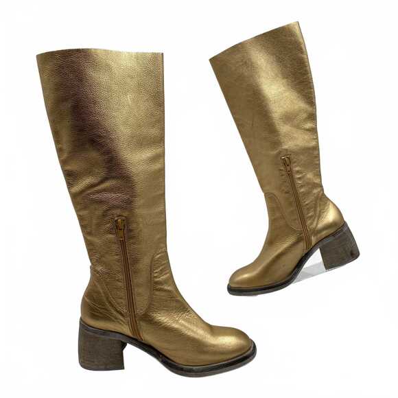 Free People Gold Leather Slip-On Heeled Boots | EU 38.5 (US 8) - Picture 2 of 8